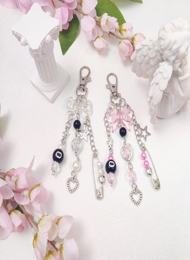 cioatu Y2K Aesthetic Keychains for Women Cute Flowers Star Cake Jellyfish Keychins Charms Kawaii Bag Purse Decor (Pink & Clear Bow) - Image 2